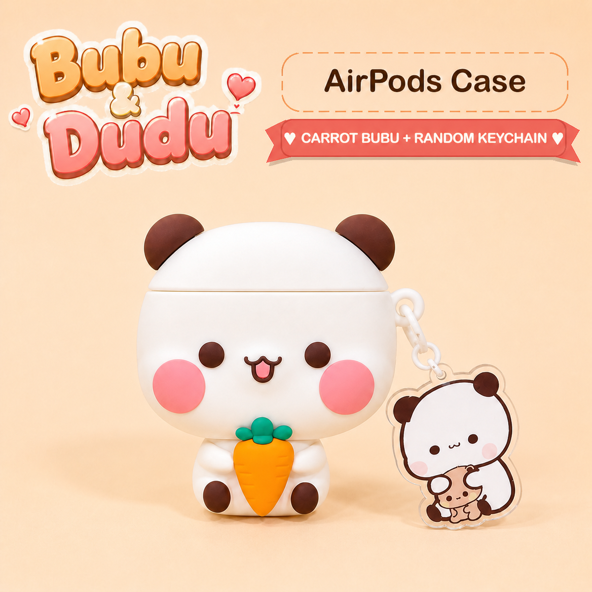 White Bubu carrot AirPods case with white chain and matching random acrylic keychain
