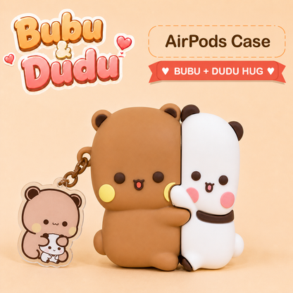 Bubu and Dudu Hug AirPods Case with exact brown chain and Dudu holding Bubu acrylic keychain
