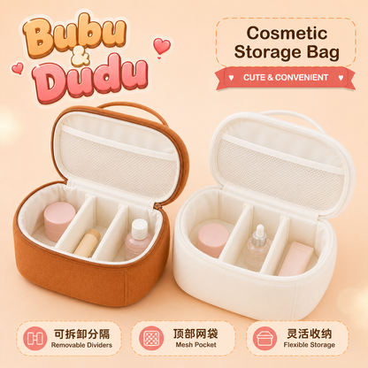 Bubu Dudu Cosmetic Storage Bag open interior without visible character faces, showing removable dividers, mesh pocket and flexible storage