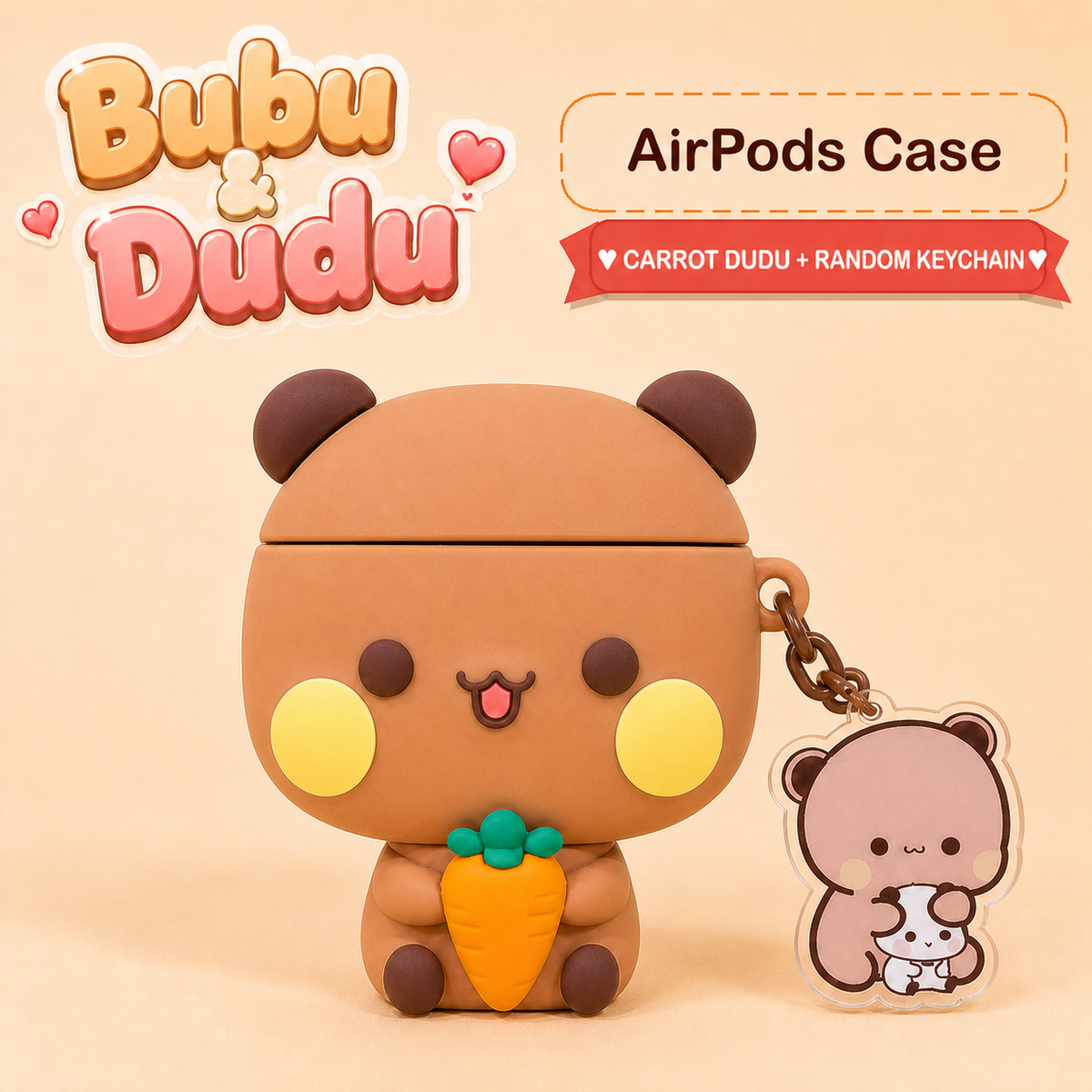 Brown Dudu carrot AirPods case with brown chain and matching random acrylic keychain