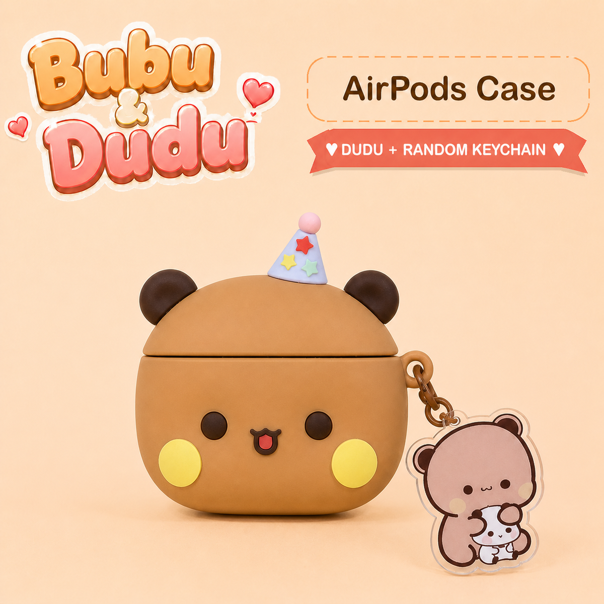 Brown Dudu AirPods Case with exact Dudu holding Bubu acrylic keychain